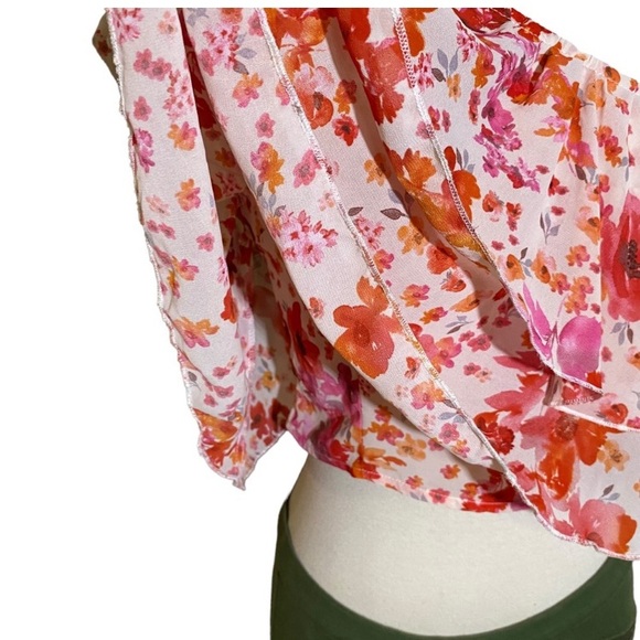 Floral Print One Shoulder Ruffle Trim Crop Top - Picture 6 of 10